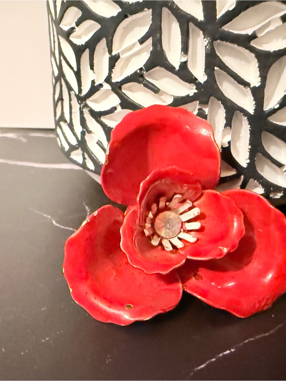 Vintage Red Enamel Poppy Flower Brooch Pin Large Retro Mid-Century Statement